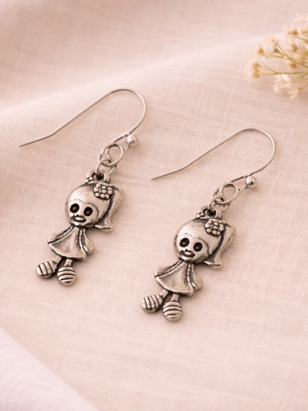 Dainty Antiqued Silver Little Girl Charm Dangle Earrings Giftable